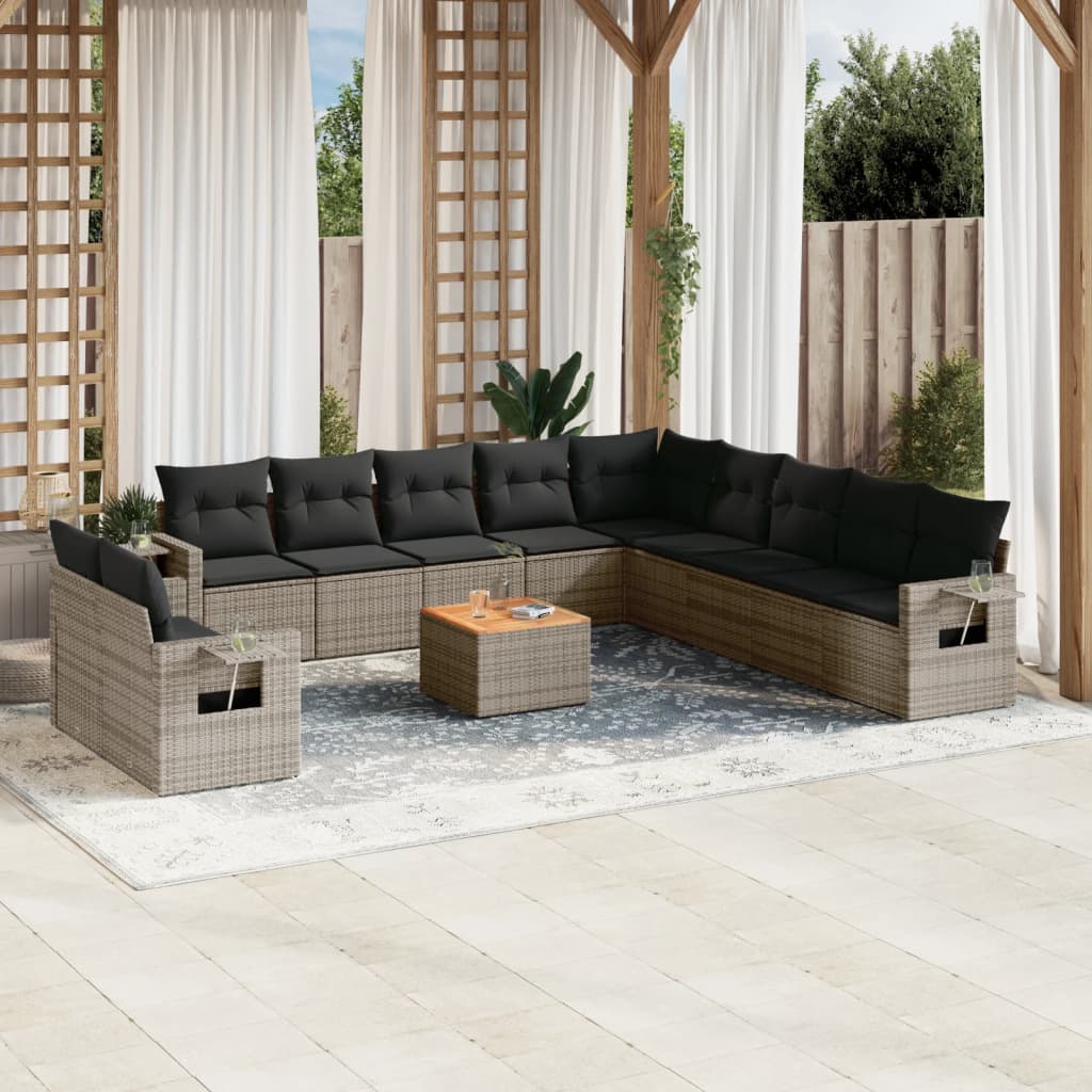 12 Pcs conjunto de sofás jardim c/ almofadões vime PE cinzento