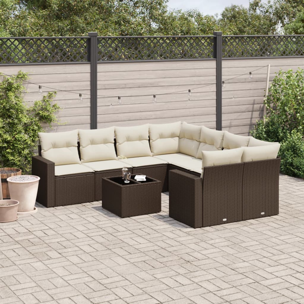 9 Pcs conjunto sofás p/ jardim c/ almofadões vime PE castanho