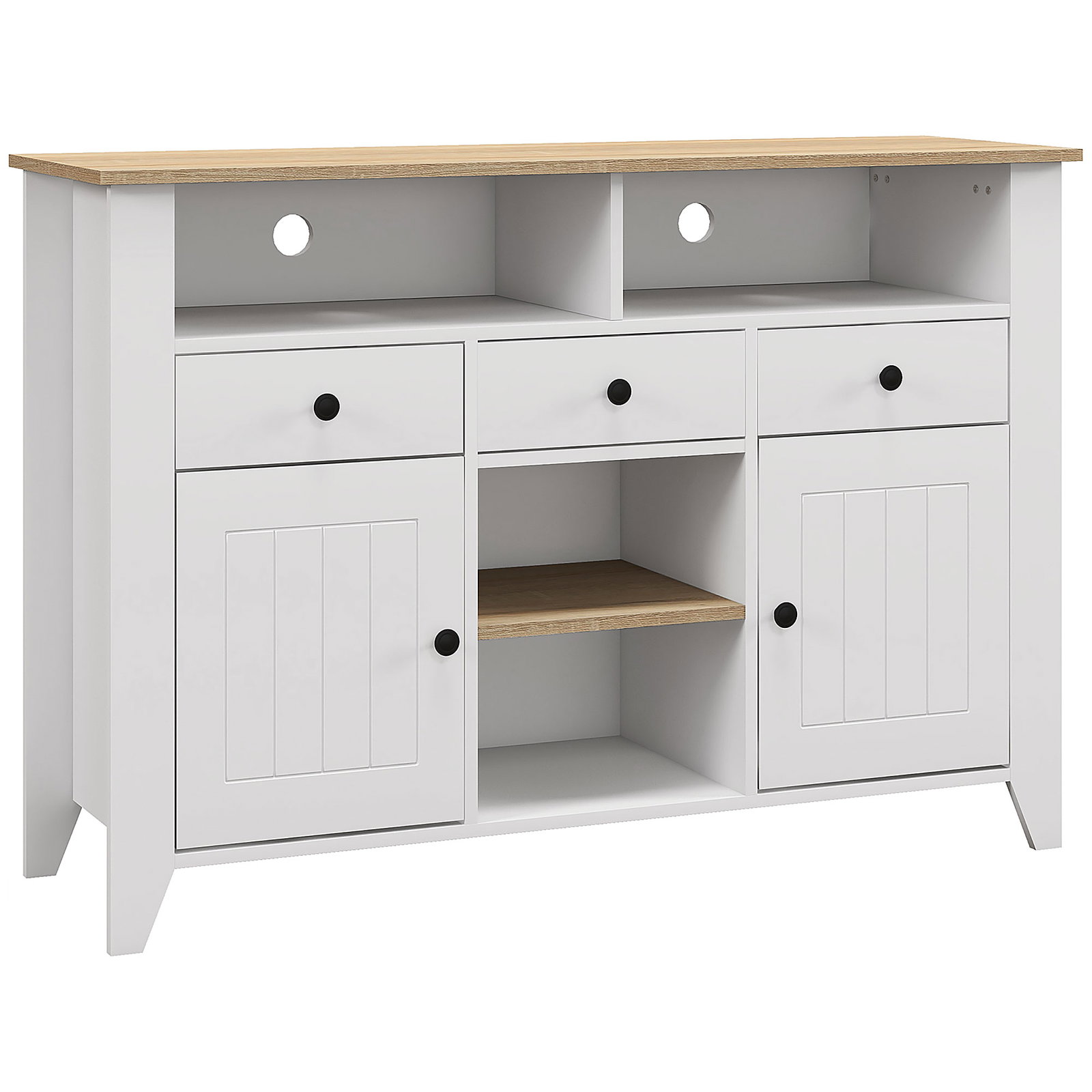 Aparador de cozinha com 3 gavetas 2 armários 2 prateleiras abertas e 2 prateleiras ajustáveis estilo moderno 120x38x81,5 cm branco
