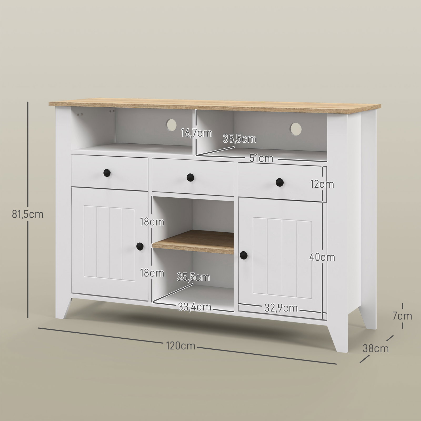 Aparador de cozinha com 3 gavetas 2 armários 2 prateleiras abertas e 2 prateleiras ajustáveis estilo moderno 120x38x81,5 cm branco