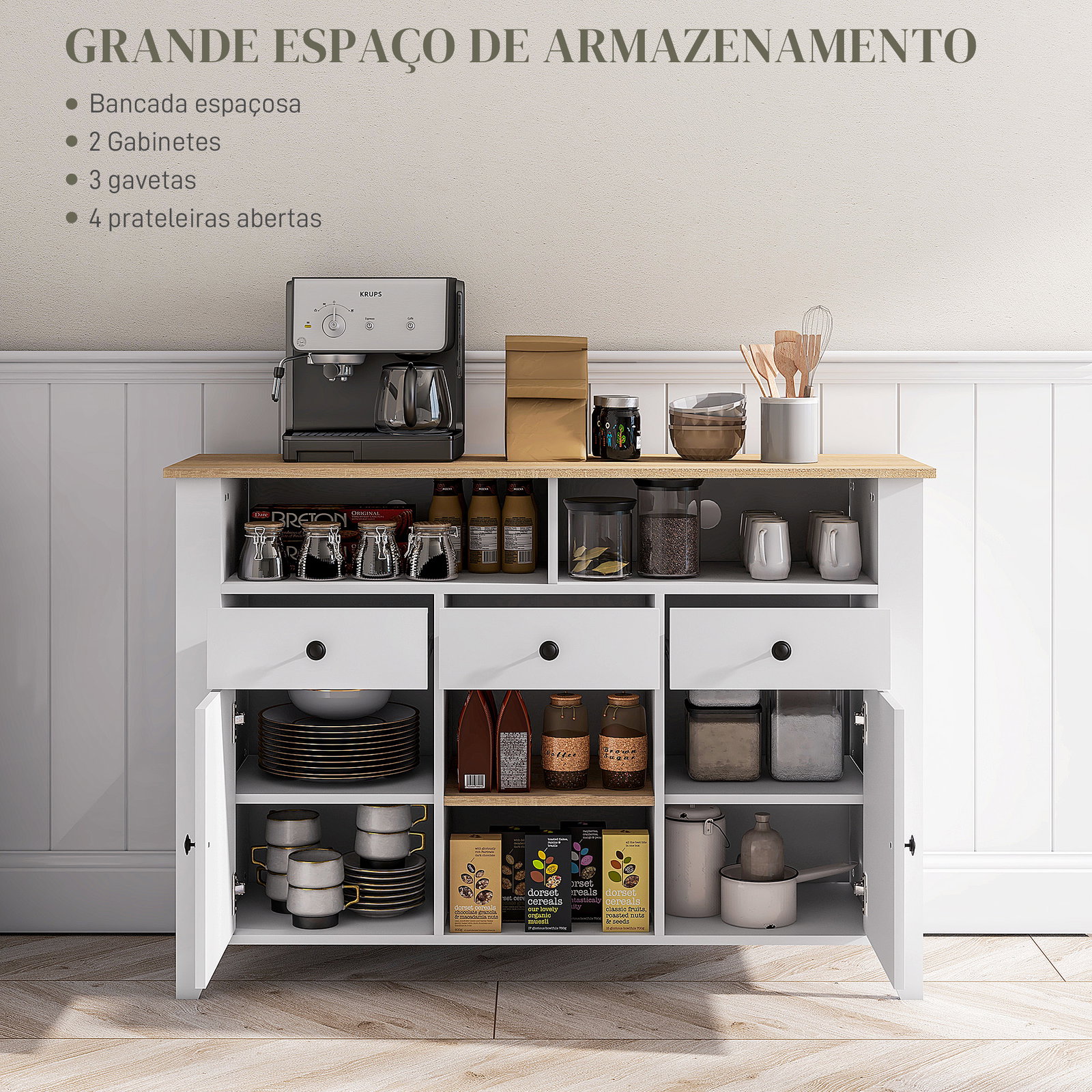 Aparador de cozinha com 3 gavetas 2 armários 2 prateleiras abertas e 2 prateleiras ajustáveis estilo moderno 120x38x81,5 cm branco