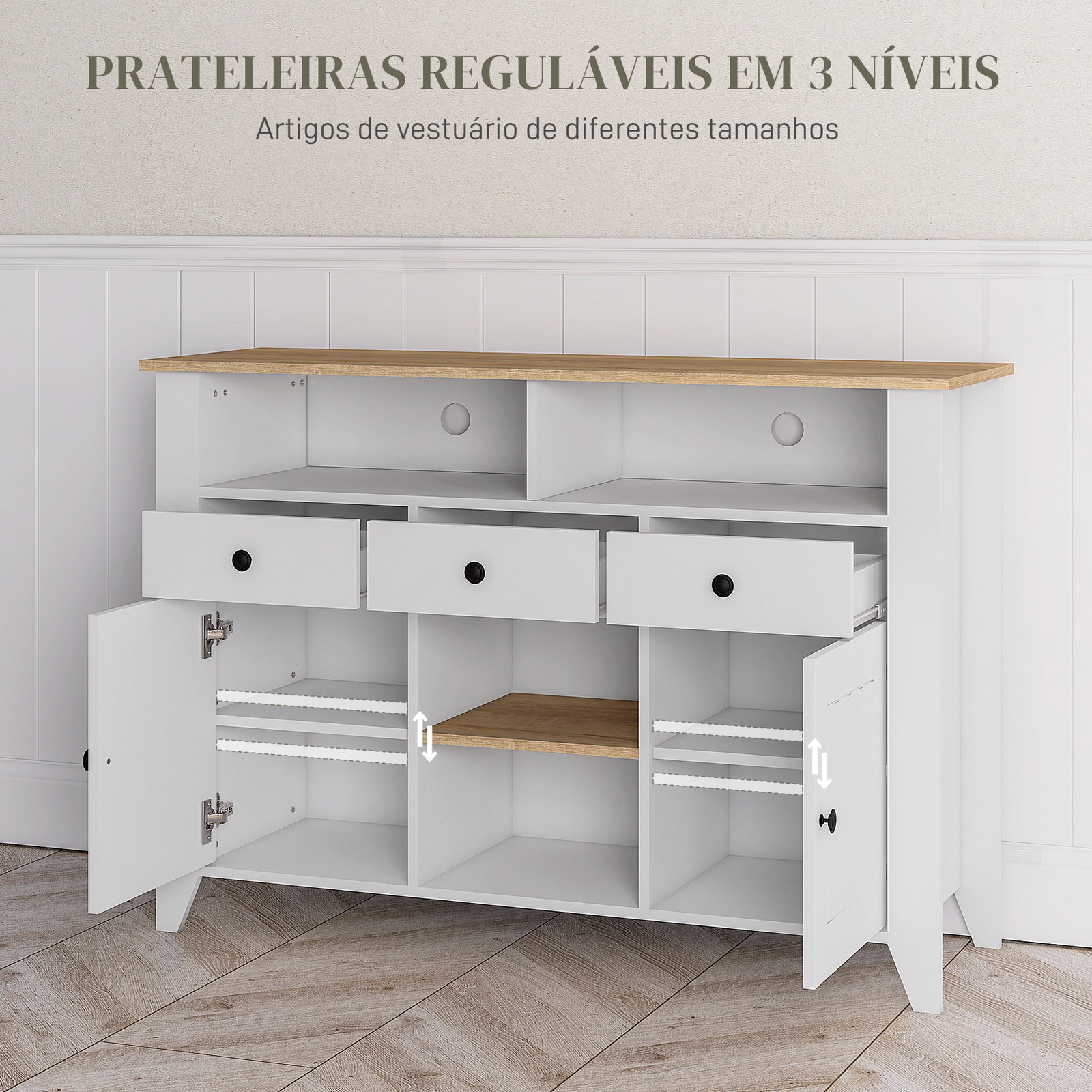 Aparador de cozinha com 3 gavetas 2 armários 2 prateleiras abertas e 2 prateleiras ajustáveis estilo moderno 120x38x81,5 cm branco