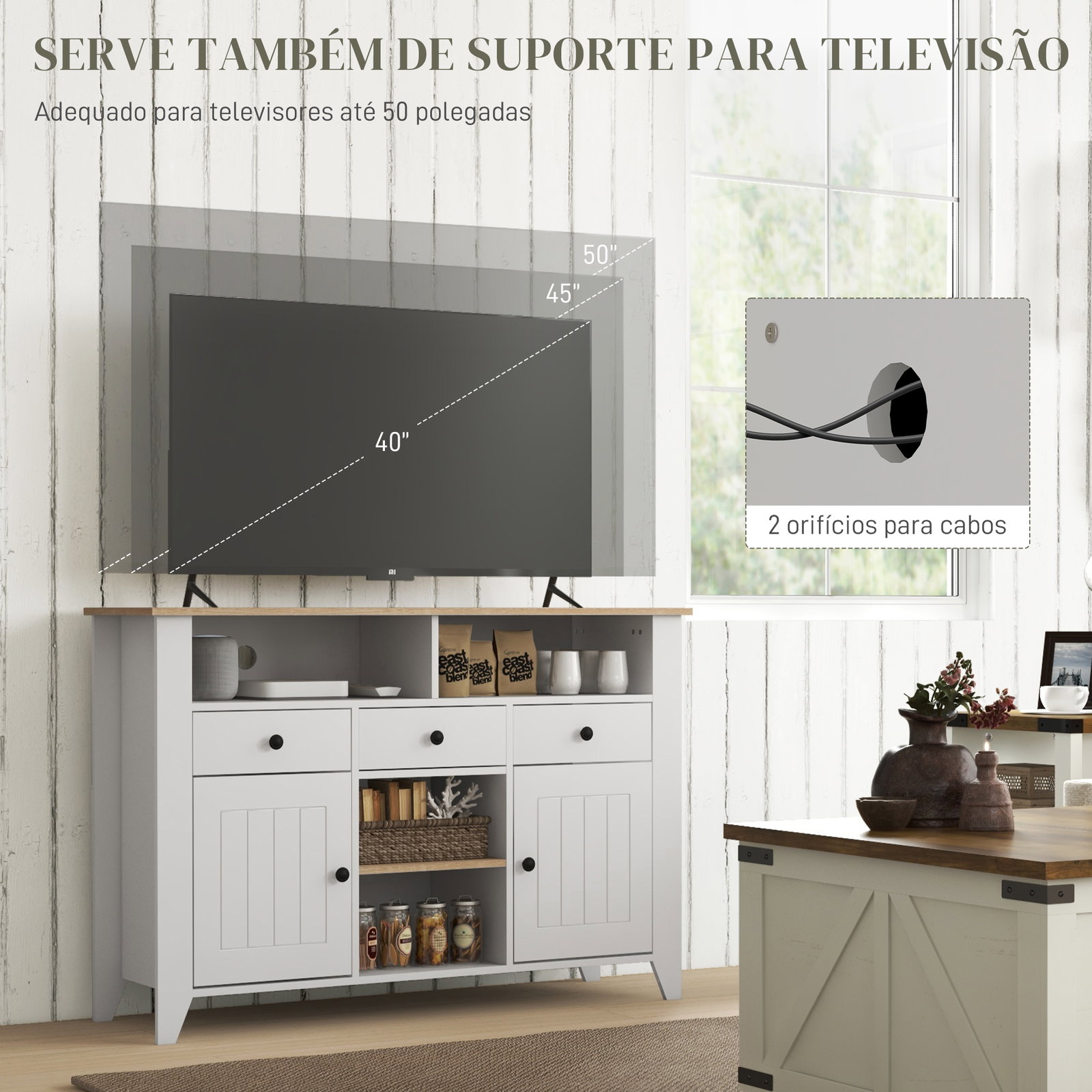 Aparador de cozinha com 3 gavetas 2 armários 2 prateleiras abertas e 2 prateleiras ajustáveis estilo moderno 120x38x81,5 cm branco