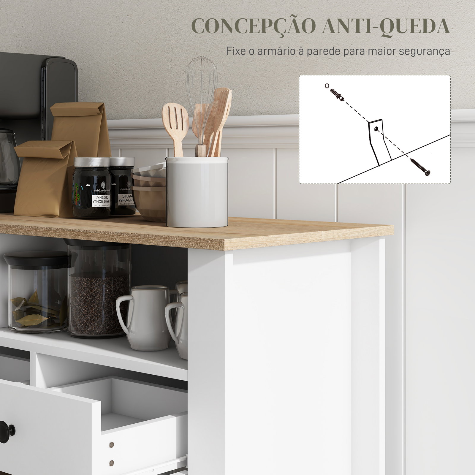 Aparador de cozinha com 3 gavetas 2 armários 2 prateleiras abertas e 2 prateleiras ajustáveis estilo moderno 120x38x81,5 cm branco