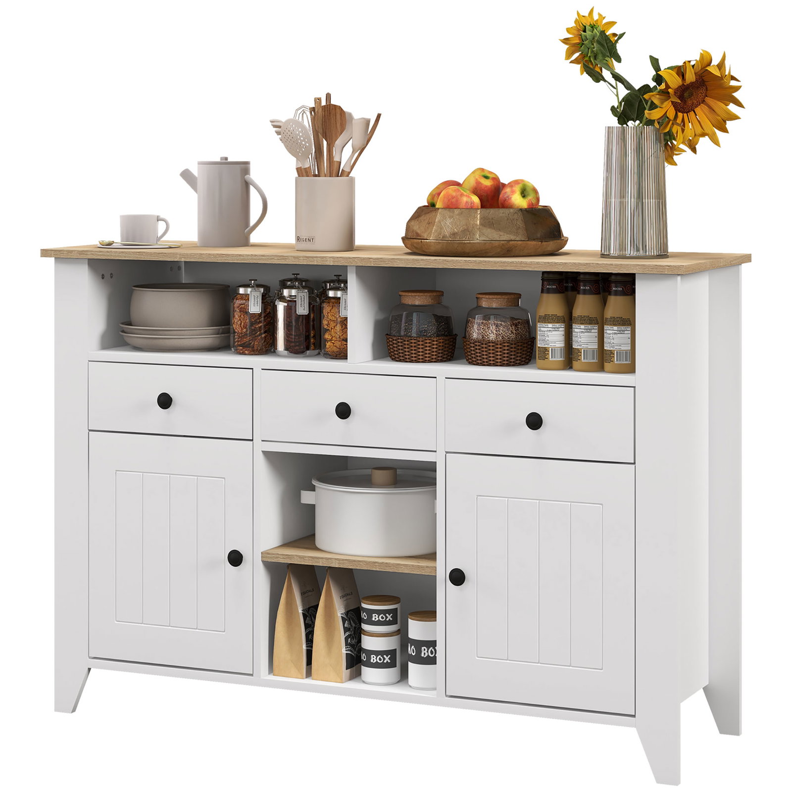 Aparador de cozinha com 3 gavetas 2 armários 2 prateleiras abertas e 2 prateleiras ajustáveis estilo moderno 120x38x81,5 cm branco