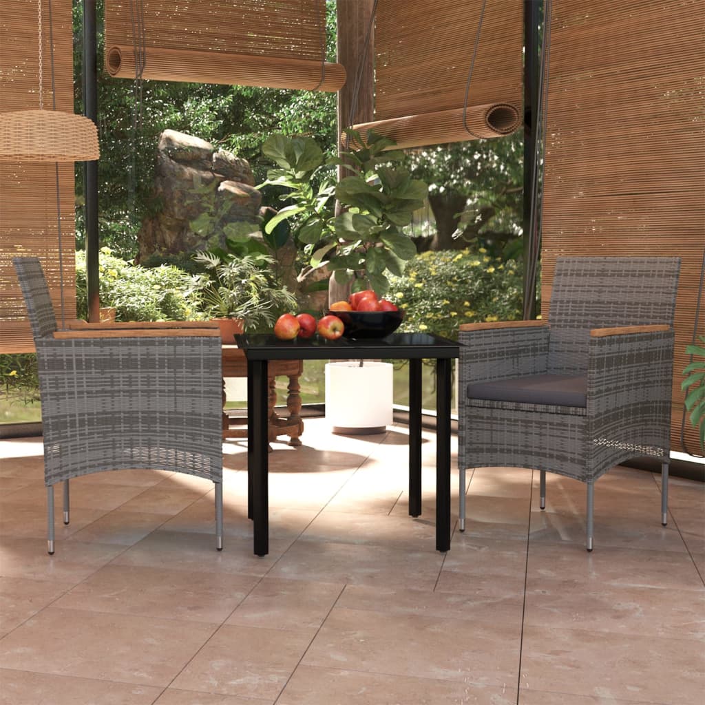 3 Pcs conj. de jantar para jardim c/ almofadões cinzento/preto