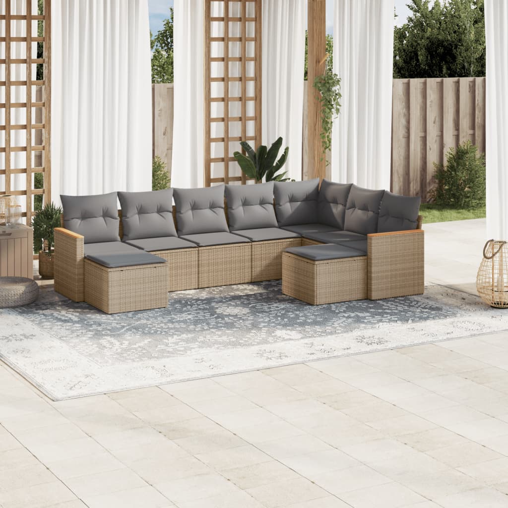 9 Pcs conj. sofás jardim c/ almofadões vime PE bege misturado