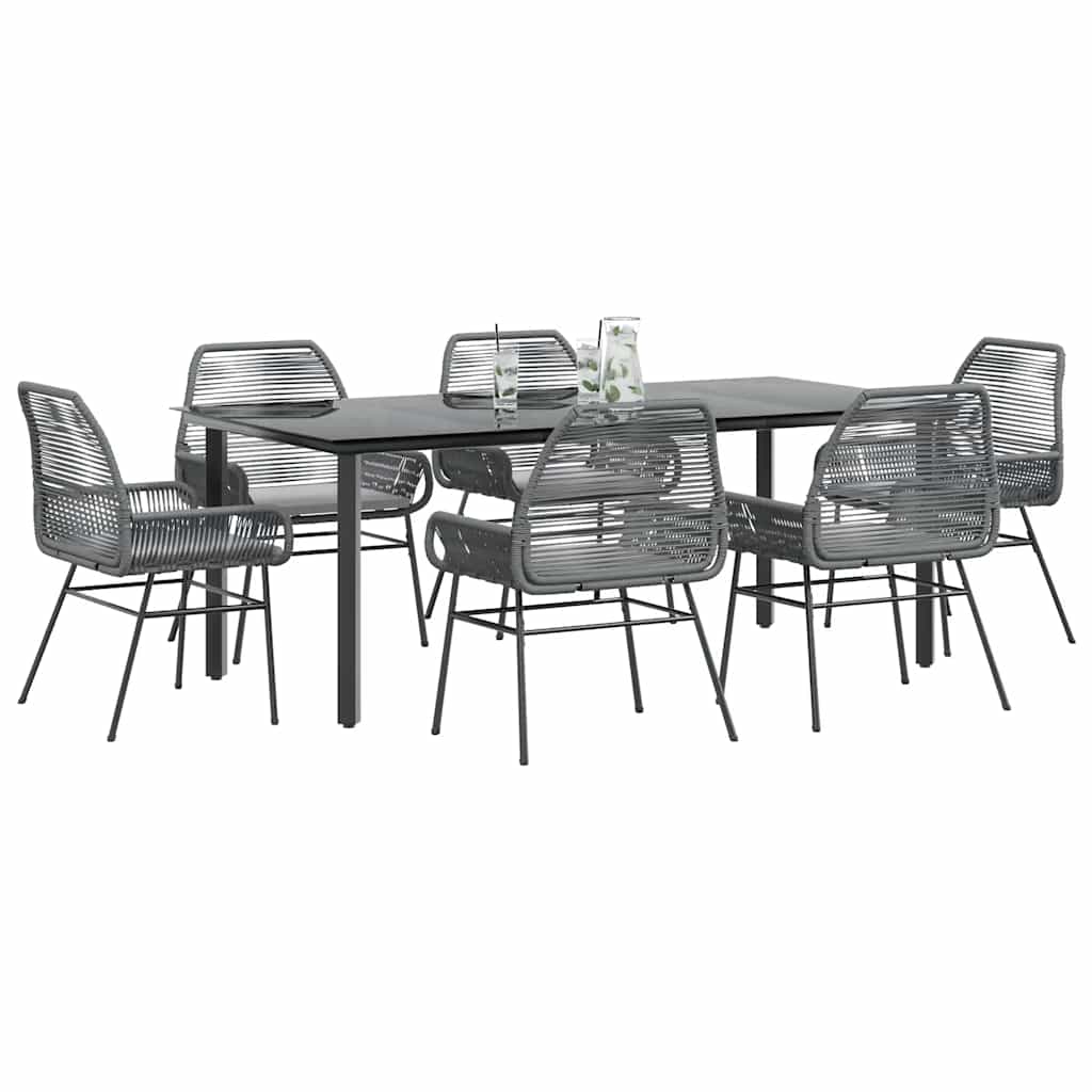 Conjunto jantar jardim 7 peças almofadas vidro vime cinzento PE