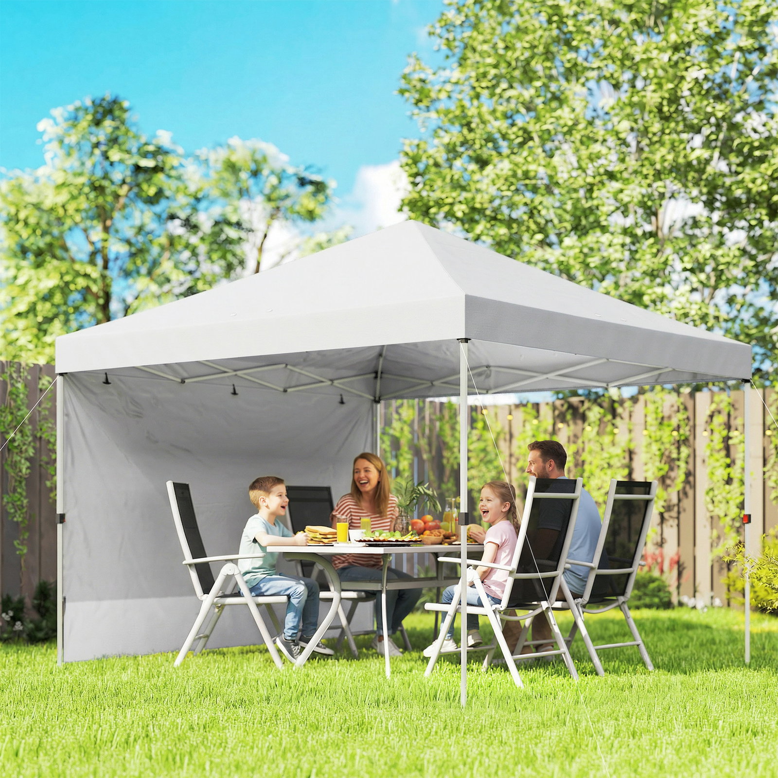 Tenda dobrável 3x3 m pop-up com parede lateral proteção upf50+ empurre central altura ajustável branco