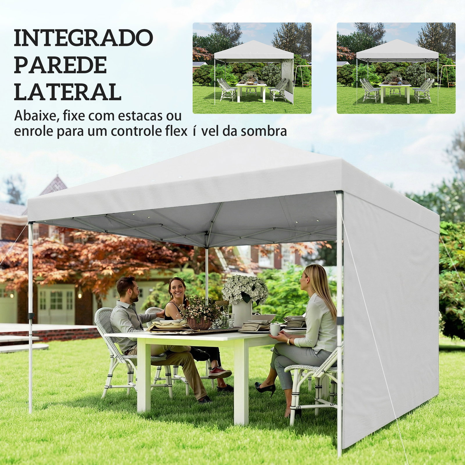 Tenda dobrável 3x3 m pop-up com parede lateral proteção upf50+ empurre central altura ajustável branco