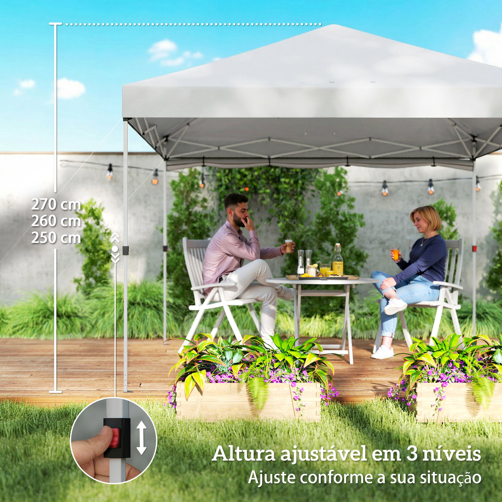 Tenda dobrável 3x3 m pop-up com parede lateral proteção upf50+ empurre central altura ajustável branco