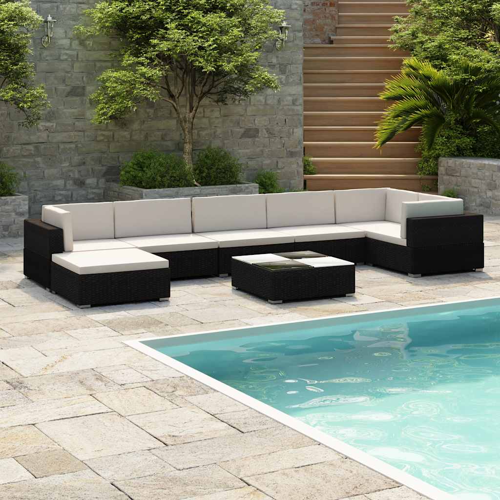 8 Pcs conjunto lounge de jardim c/ almofadões vime PE preto