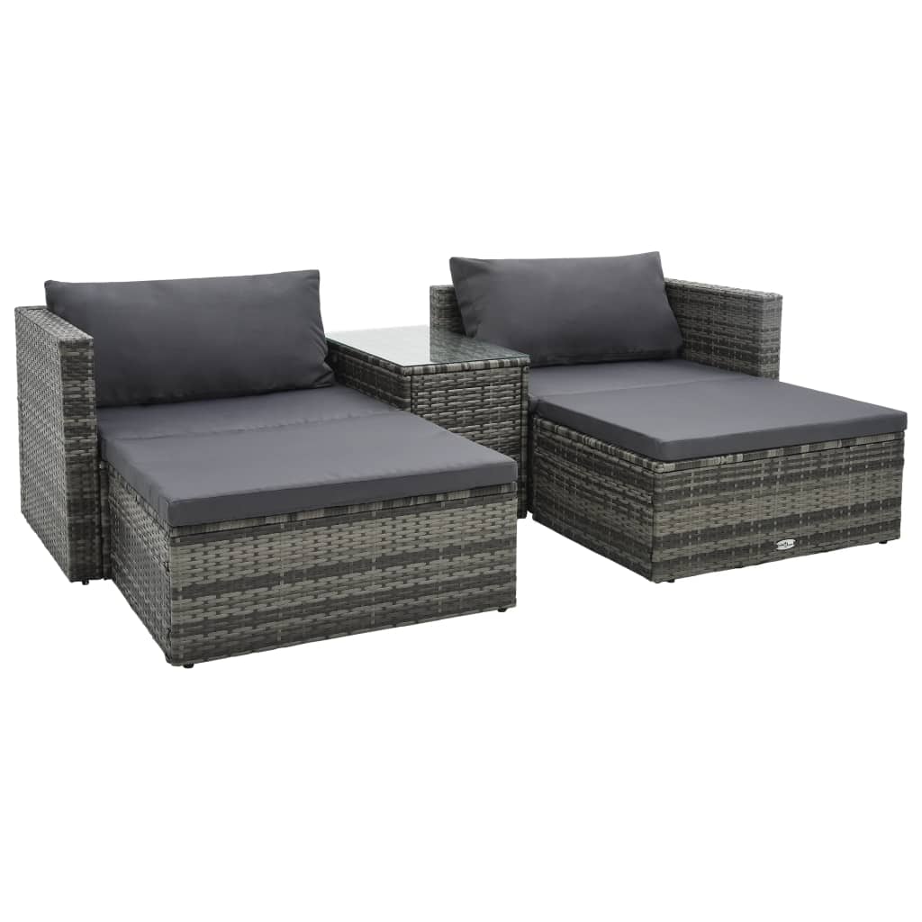 5 Pcs conjunto lounge de jardim c/ almofadões vime PE cinzento