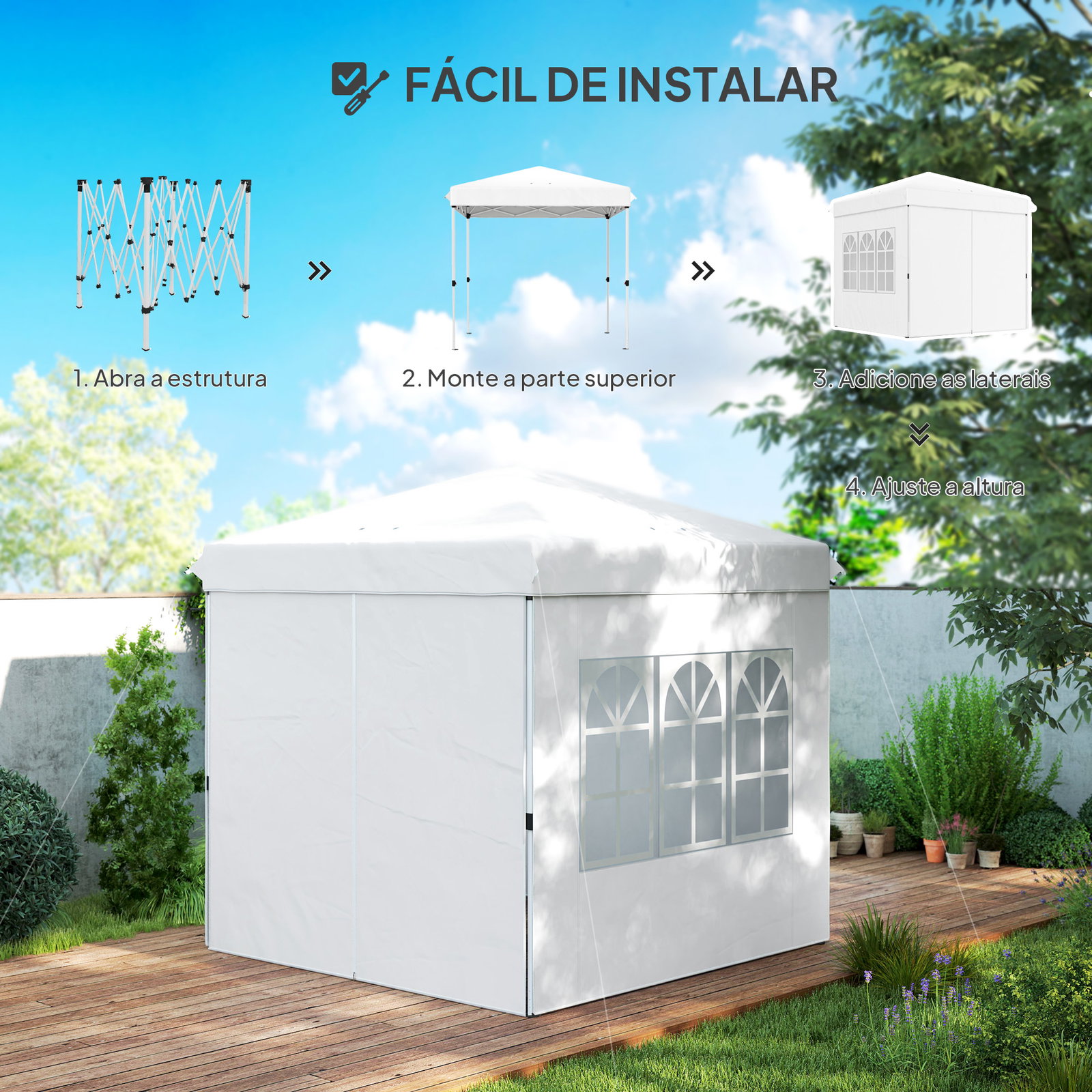 Tenda dobrável pop-up 248x248x270 cm com 4 paredes laterais anti-UV altura ajustável e bolsa de transporte branco