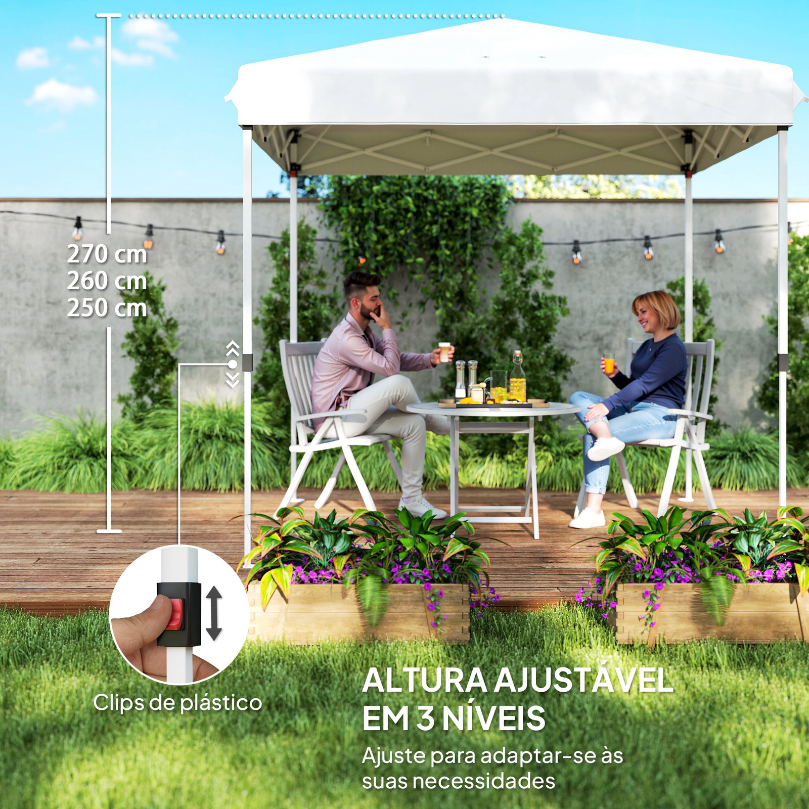 Tenda dobrável pop-up 248x248x270 cm com 4 paredes laterais anti-UV altura ajustável e bolsa de transporte branco