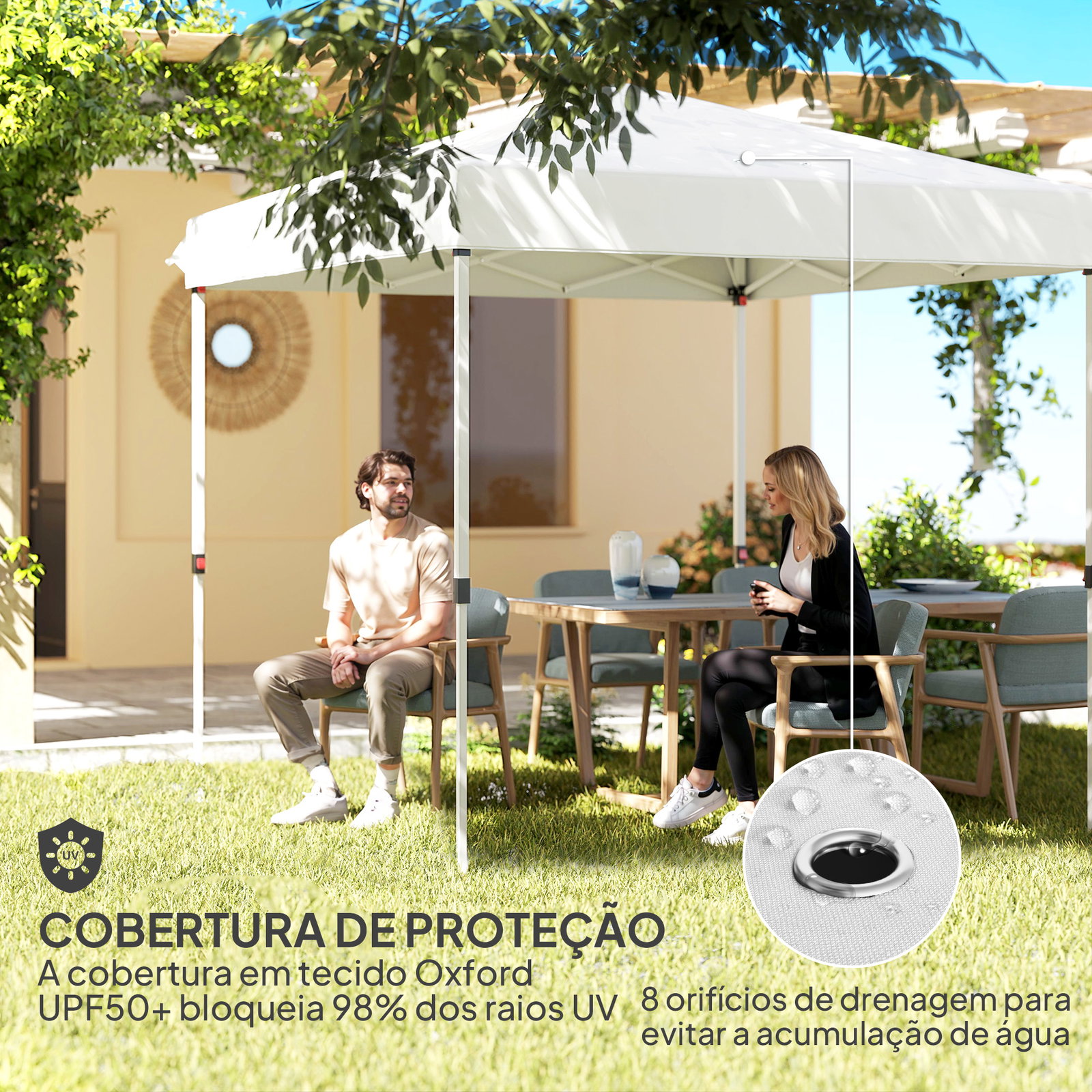 Tenda dobrável pop-up 248x248x270 cm com 4 paredes laterais anti-UV altura ajustável e bolsa de transporte branco