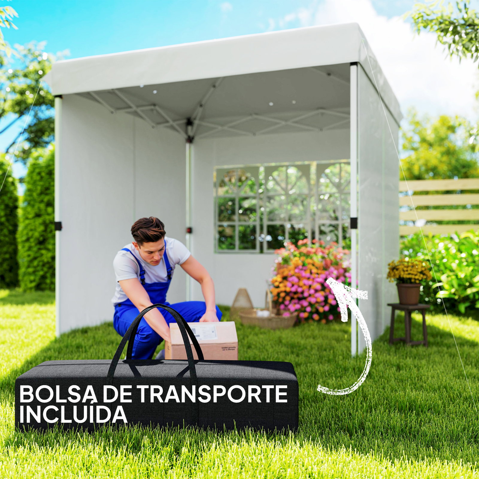Tenda dobrável pop-up 248x248x270 cm com 4 paredes laterais anti-UV altura ajustável e bolsa de transporte branco