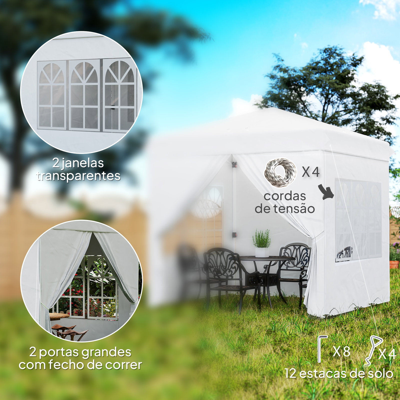 Tenda dobrável pop-up 248x248x270 cm com 4 paredes laterais anti-UV altura ajustável e bolsa de transporte branco