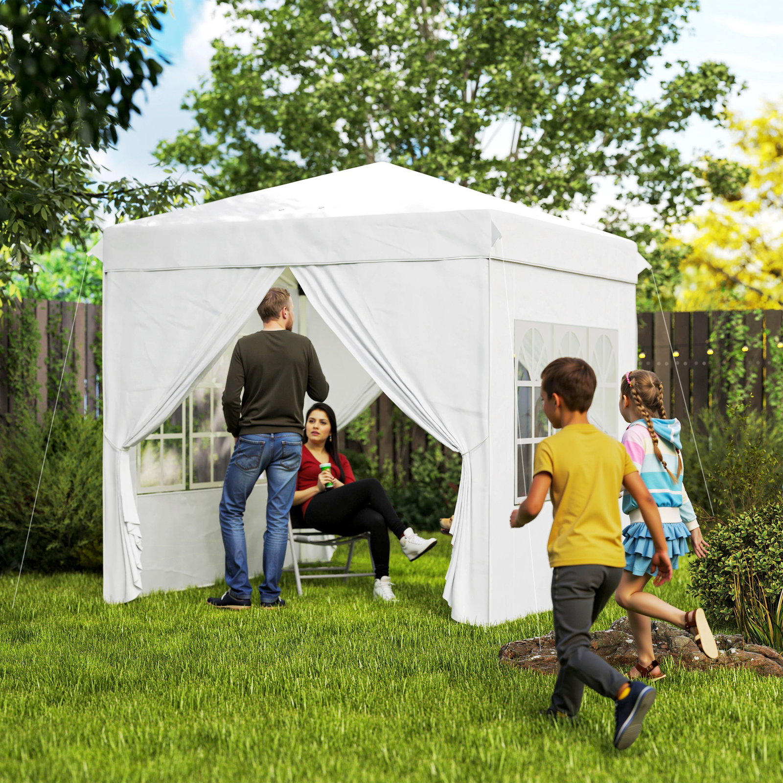 Tenda dobrável pop-up 248x248x270 cm com 4 paredes laterais anti-UV altura ajustável e bolsa de transporte branco