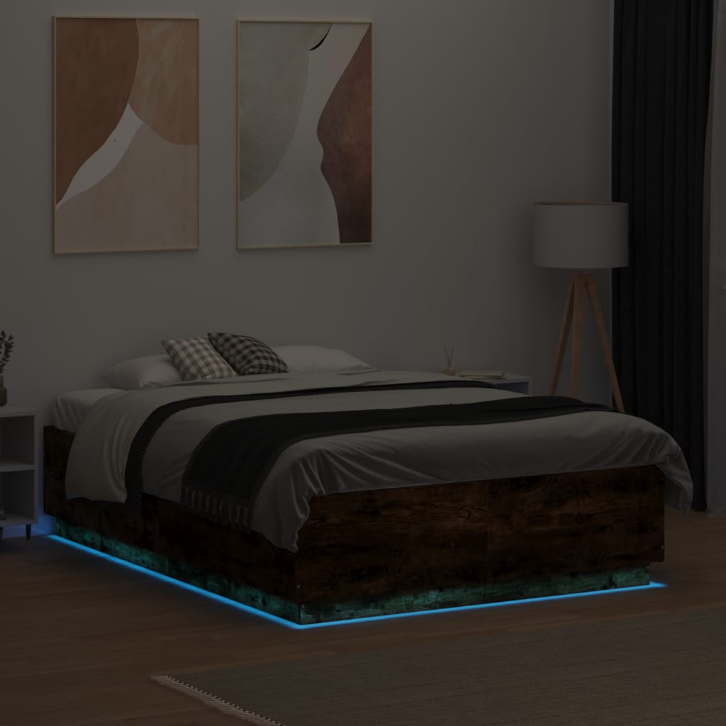 Estrutura cama c/ luzes LED derivados madeira carvalho fumado