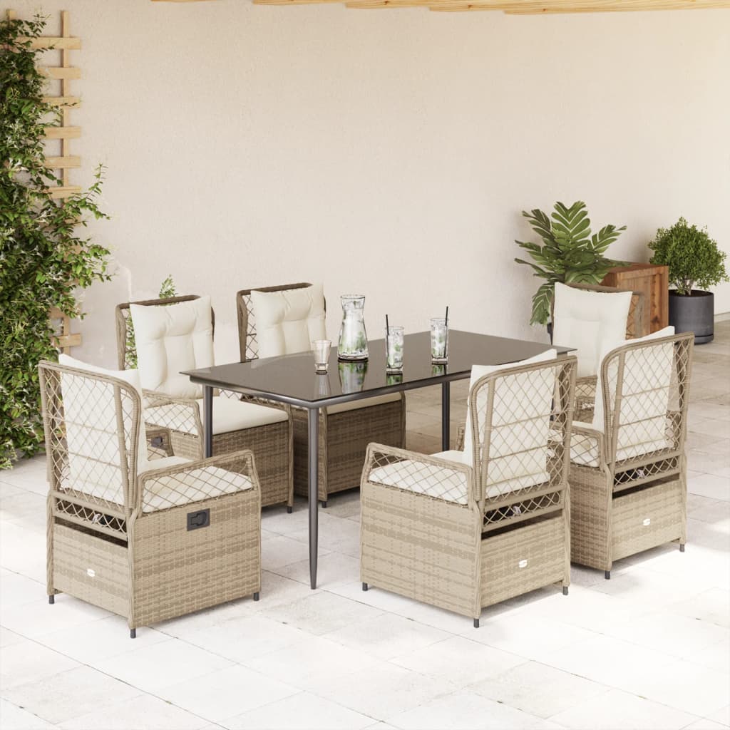 7 Pcs conjunto de jantar p/ jardim com almofadões vime PE bege