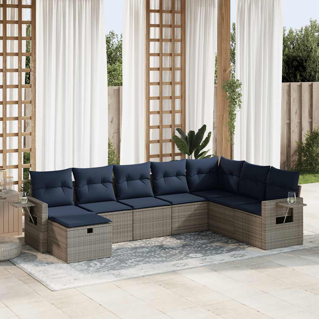8 Pcs conjunto sofás de jardim c/ almofadões vime PE cinzento