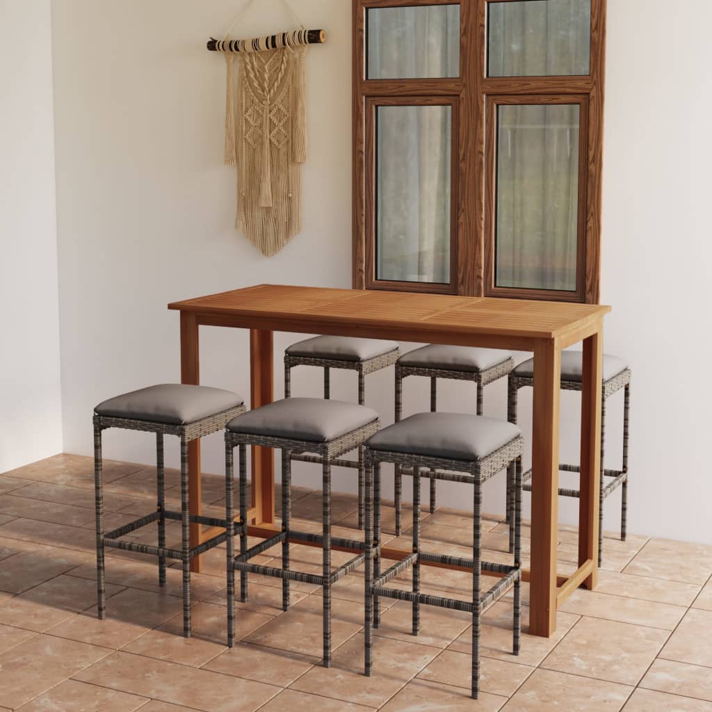 7 Pcs conjunto de bar p/ jardim com almofadões cinzento