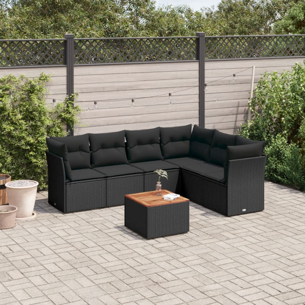 7 Pcs conjunto de sofás p/ jardim c/ almofadões vime PE preto