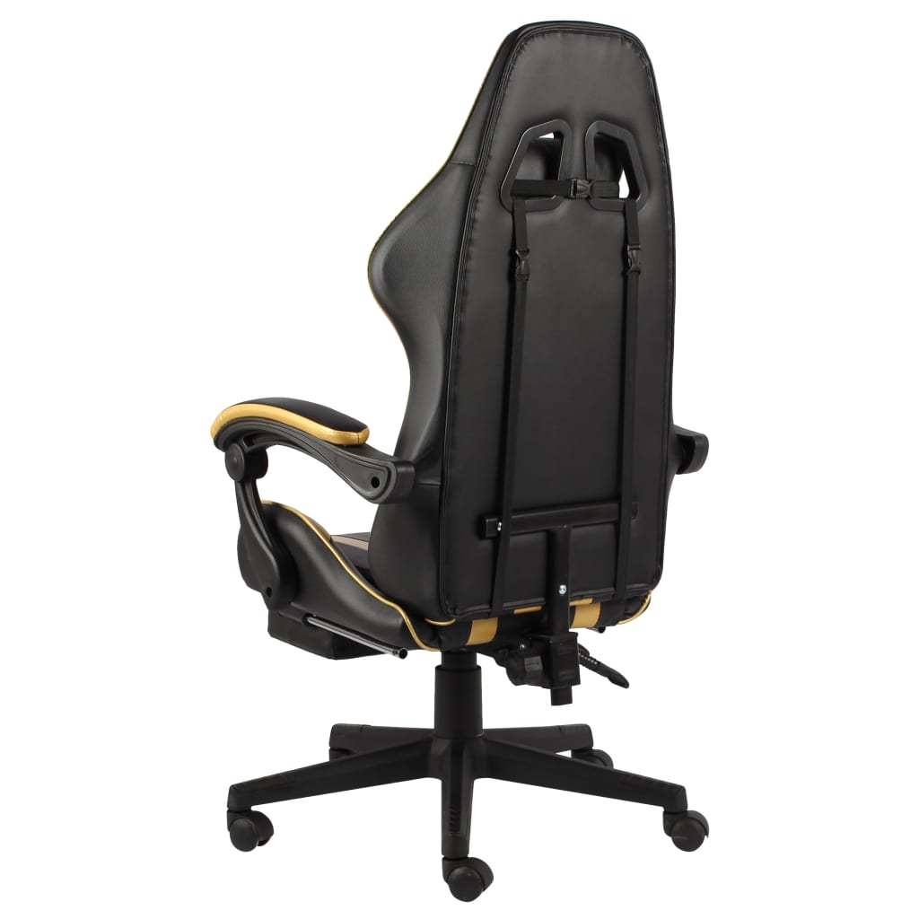 Cadeira estilo corrida c/ apoio pés couro artif. preto/dourado