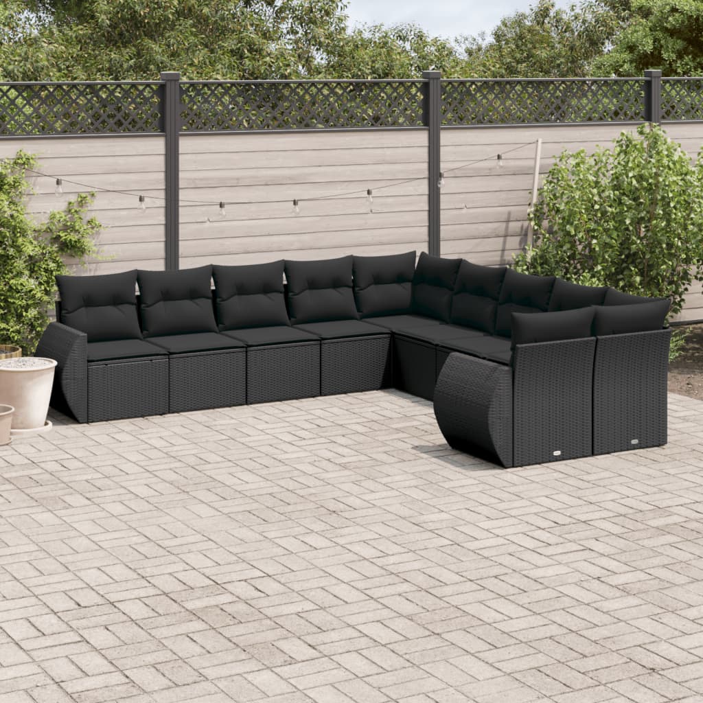 10 Pcs conjunto sofás de jardim c/ almofadões vime PE preto