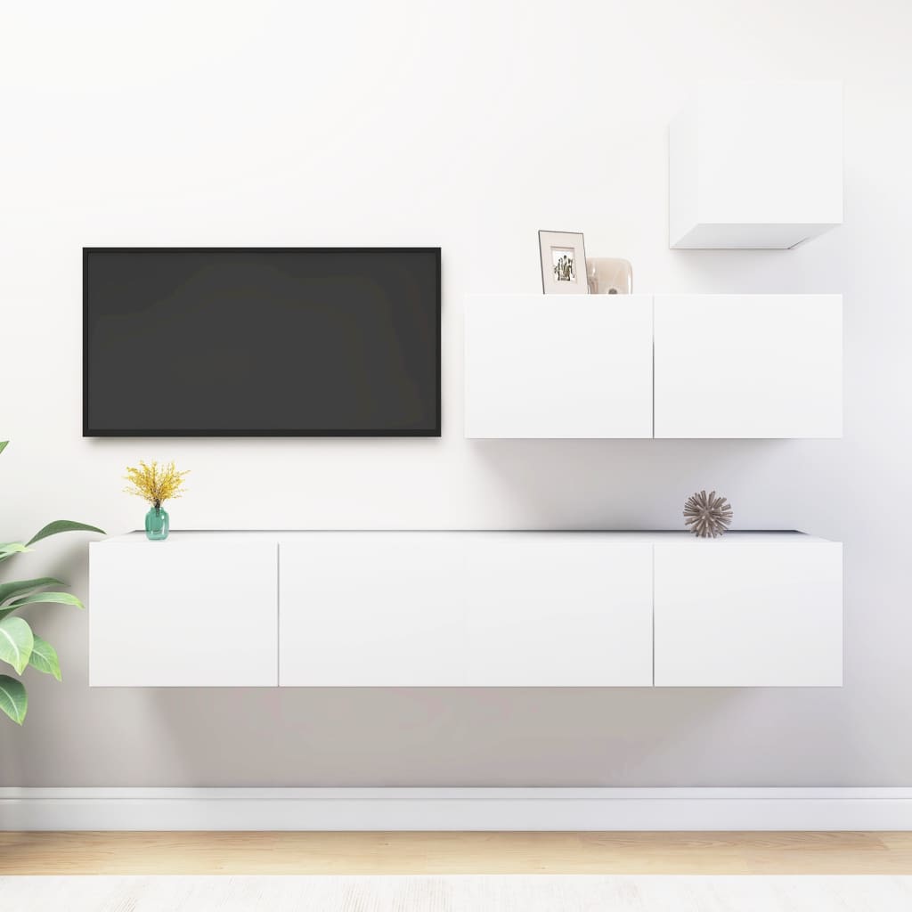 4 Pcs conjunto de móveis de TV derivados de madeira branco