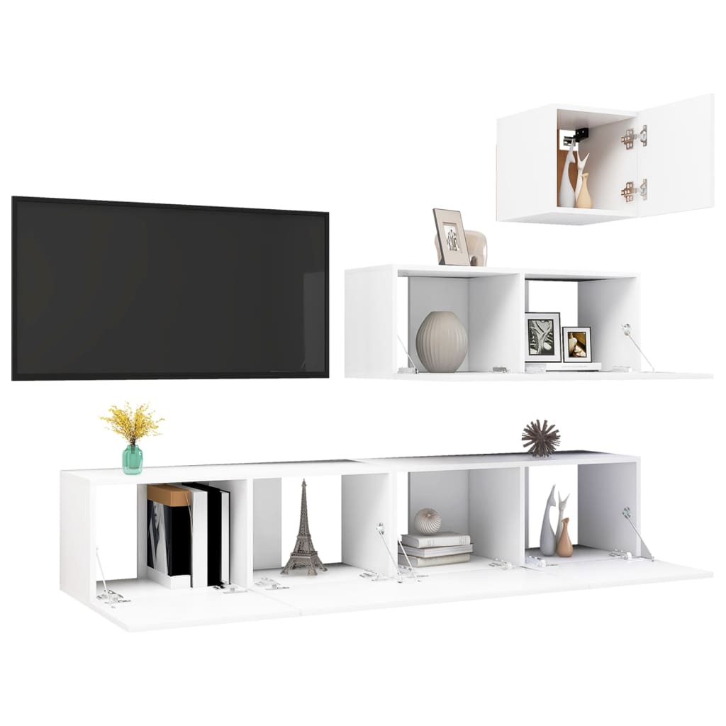 4 Pcs conjunto de móveis de TV derivados de madeira branco
