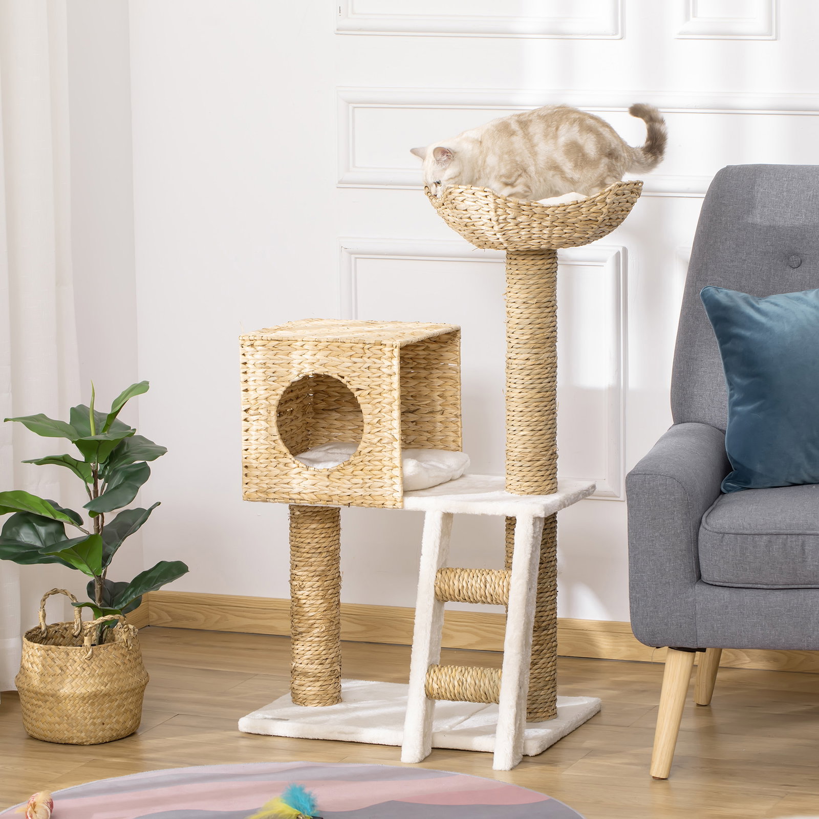 Arranhador para Gatos Arranhador para Gatos com Cama Superior Caverna 2 Almofadas 2 Postes Escada 57x37x100,5cm Bege