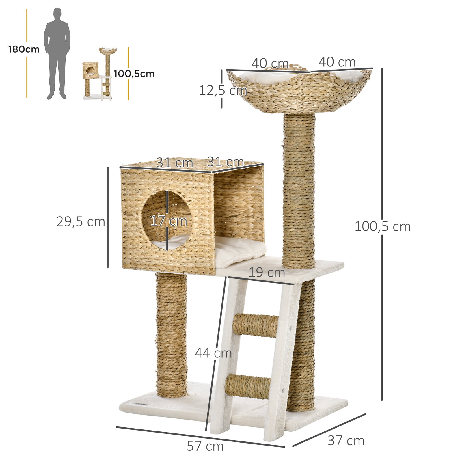 Arranhador para Gatos Arranhador para Gatos com Cama Superior Caverna 2 Almofadas 2 Postes Escada 57x37x100,5cm Bege