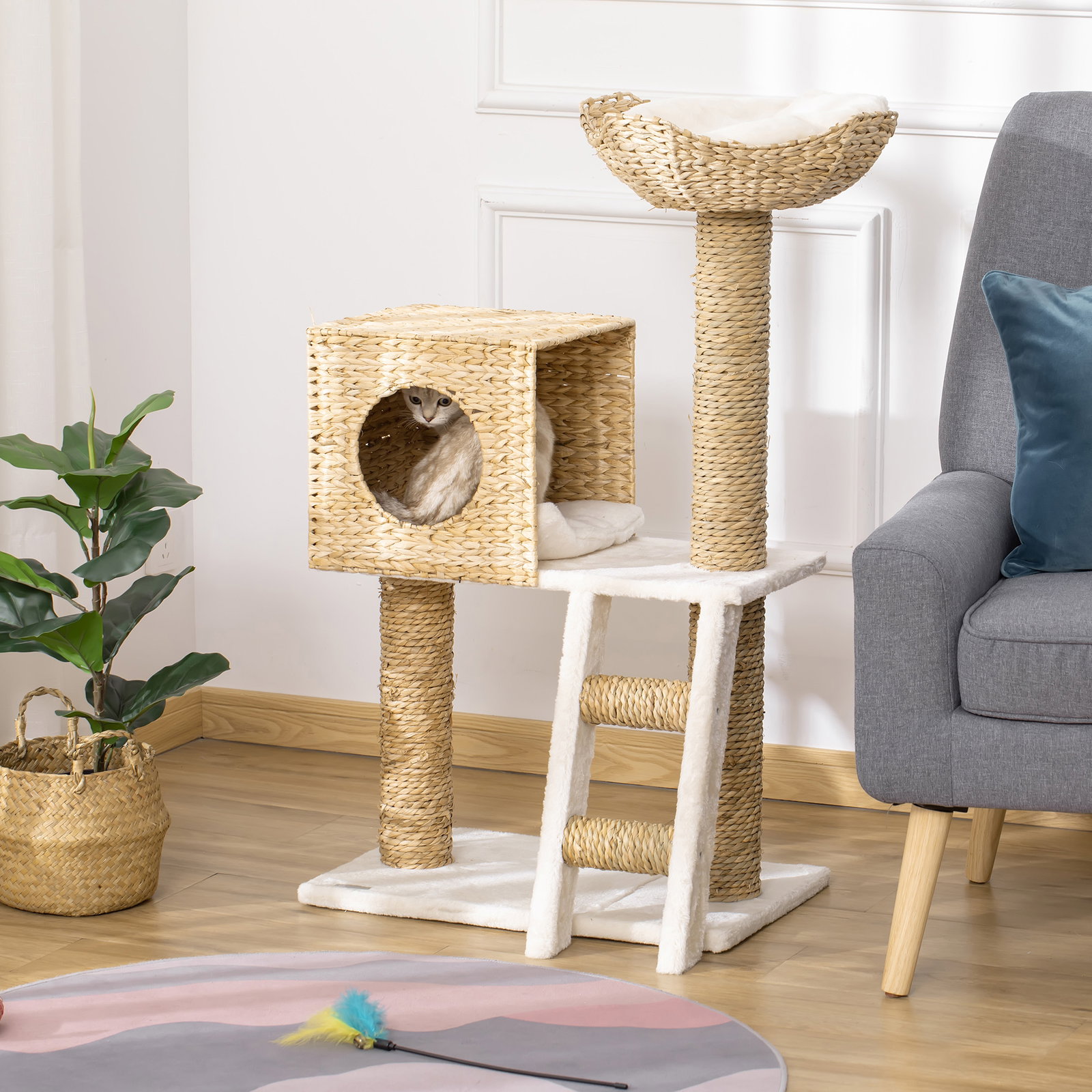 Arranhador para Gatos Arranhador para Gatos com Cama Superior Caverna 2 Almofadas 2 Postes Escada 57x37x100,5cm Bege