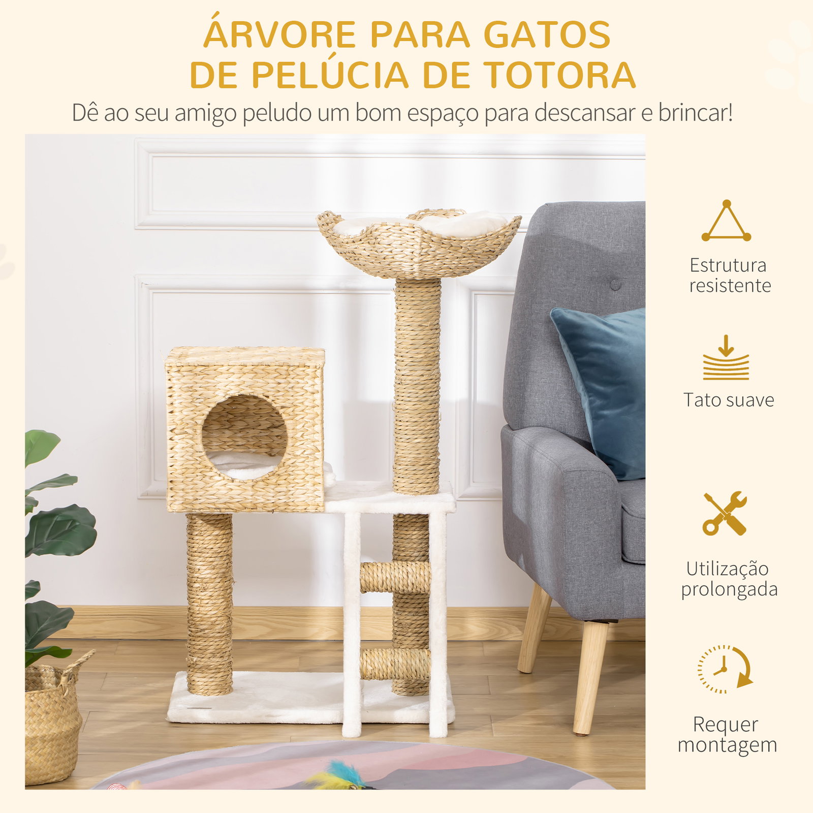 Arranhador para Gatos Arranhador para Gatos com Cama Superior Caverna 2 Almofadas 2 Postes Escada 57x37x100,5cm Bege