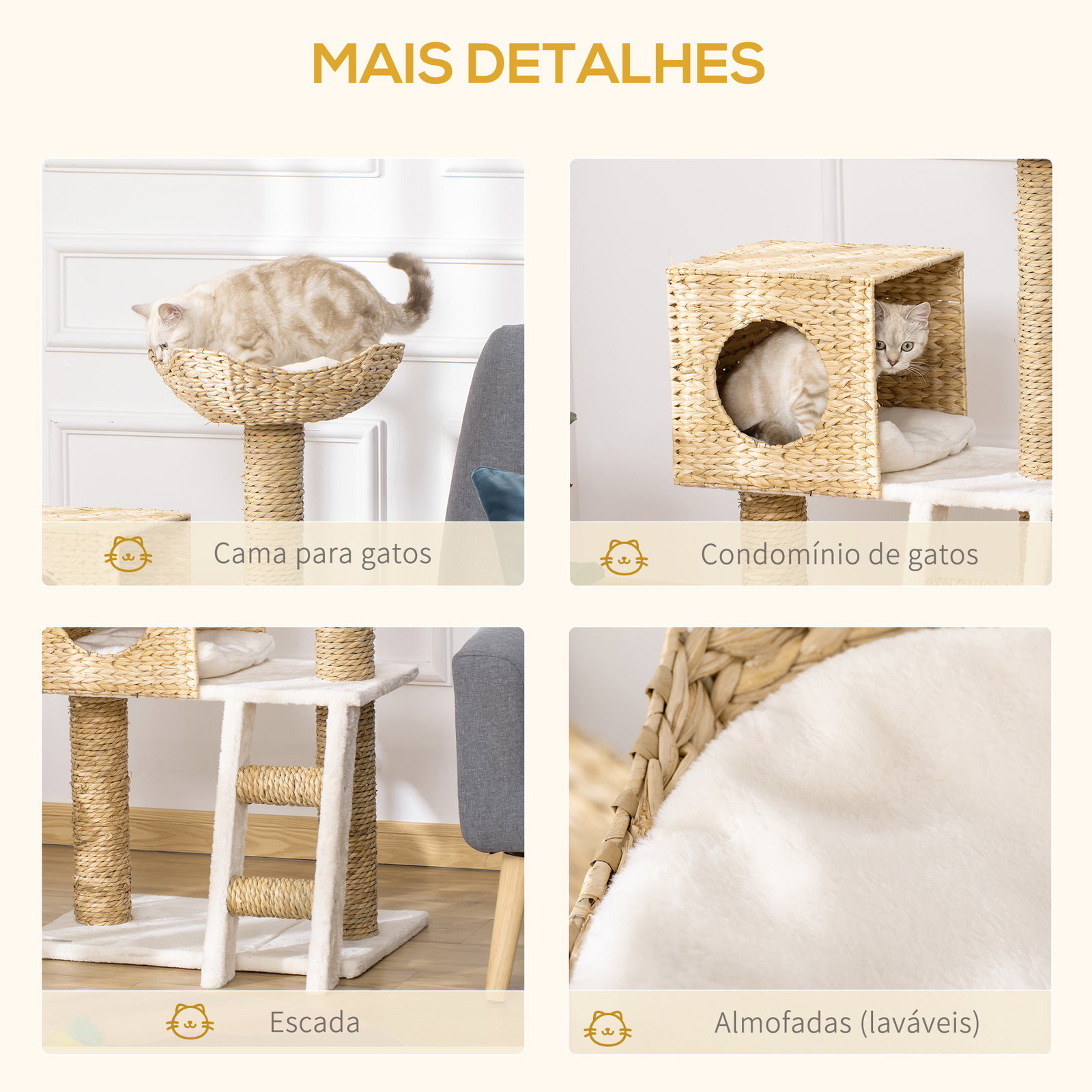 Arranhador para Gatos Arranhador para Gatos com Cama Superior Caverna 2 Almofadas 2 Postes Escada 57x37x100,5cm Bege