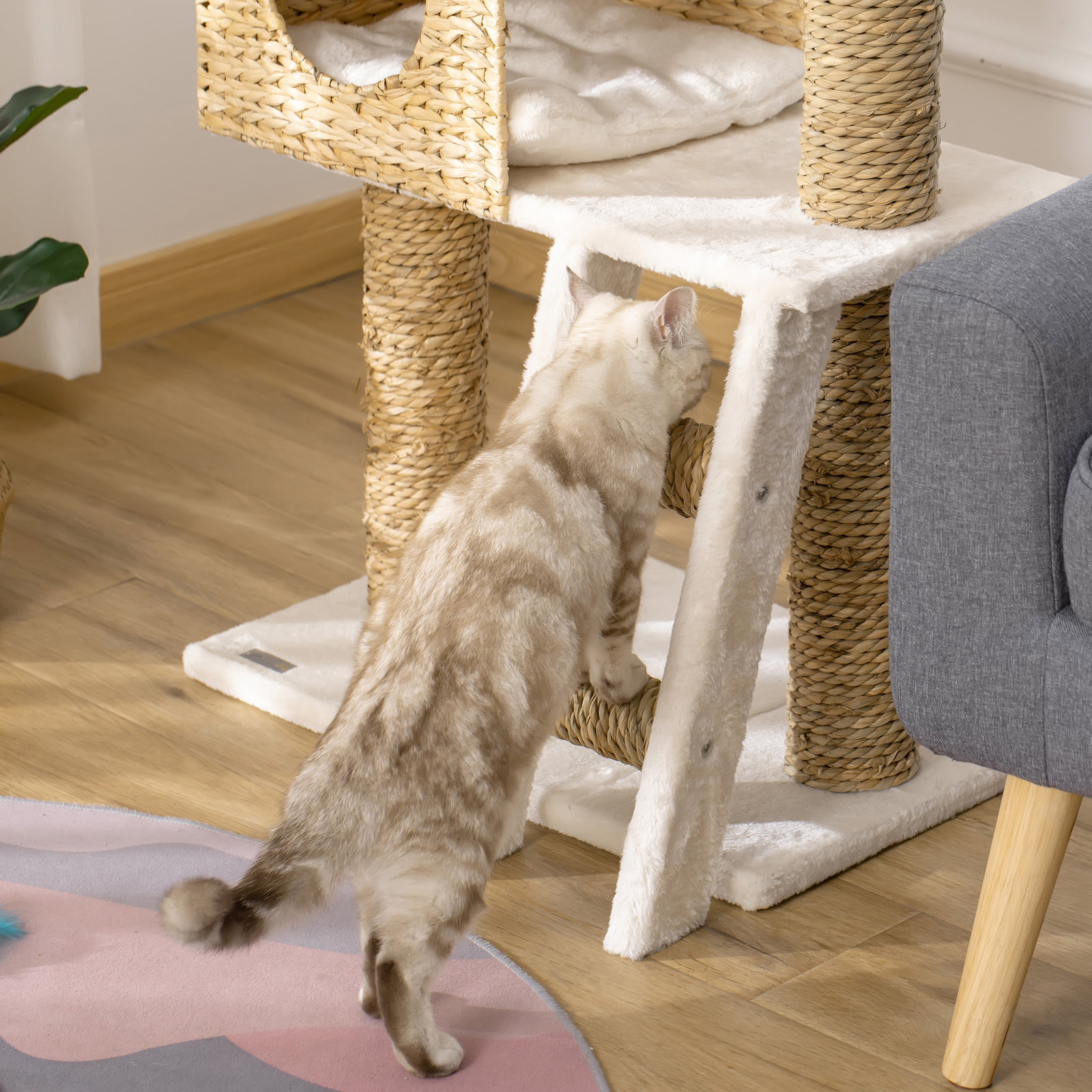 Arranhador para Gatos Arranhador para Gatos com Cama Superior Caverna 2 Almofadas 2 Postes Escada 57x37x100,5cm Bege