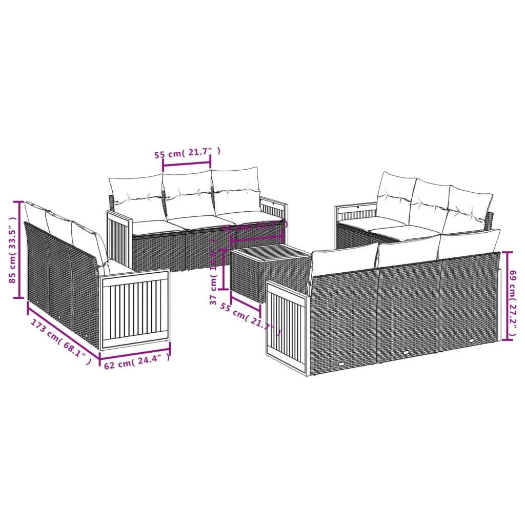 13 Pcs conjunto sofás p/ jardim c/ almofadões vime PE cinzento