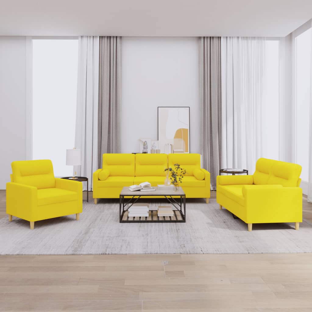 3 Pcs conjunto de sofás com almofadas tecido amarelo-claro