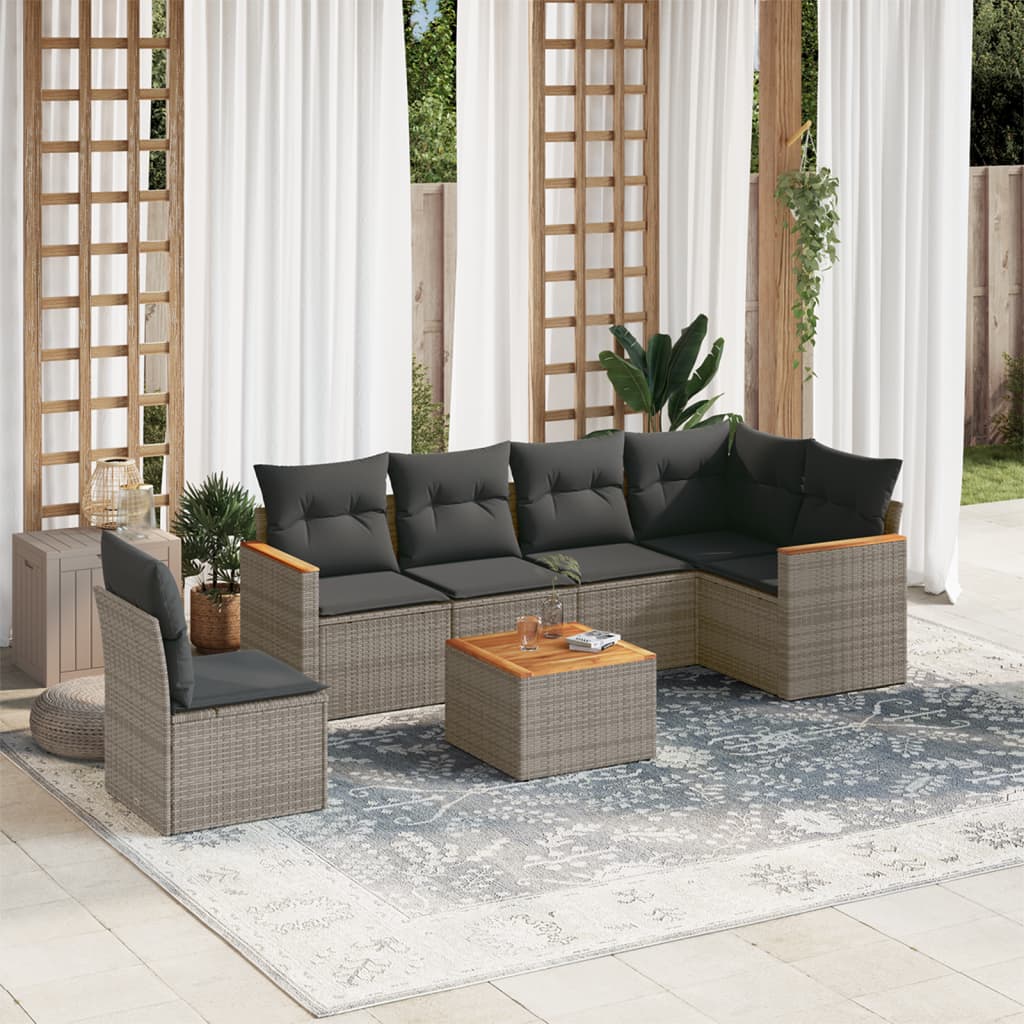 7 Pcs conjunto sofás p/ jardim c/ almofadões vime PE cinzento