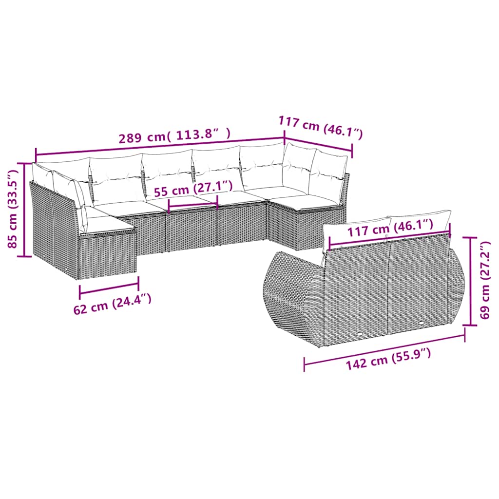 9 Pcs conjunto de sofás p/ jardim c/ almofadões vime PE preto