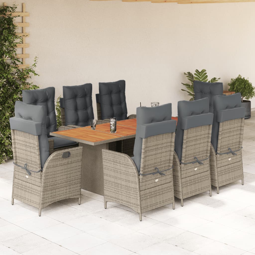 9 Pcs conjunto de jantar p/ jardim c/ almofadões vime PE cinza