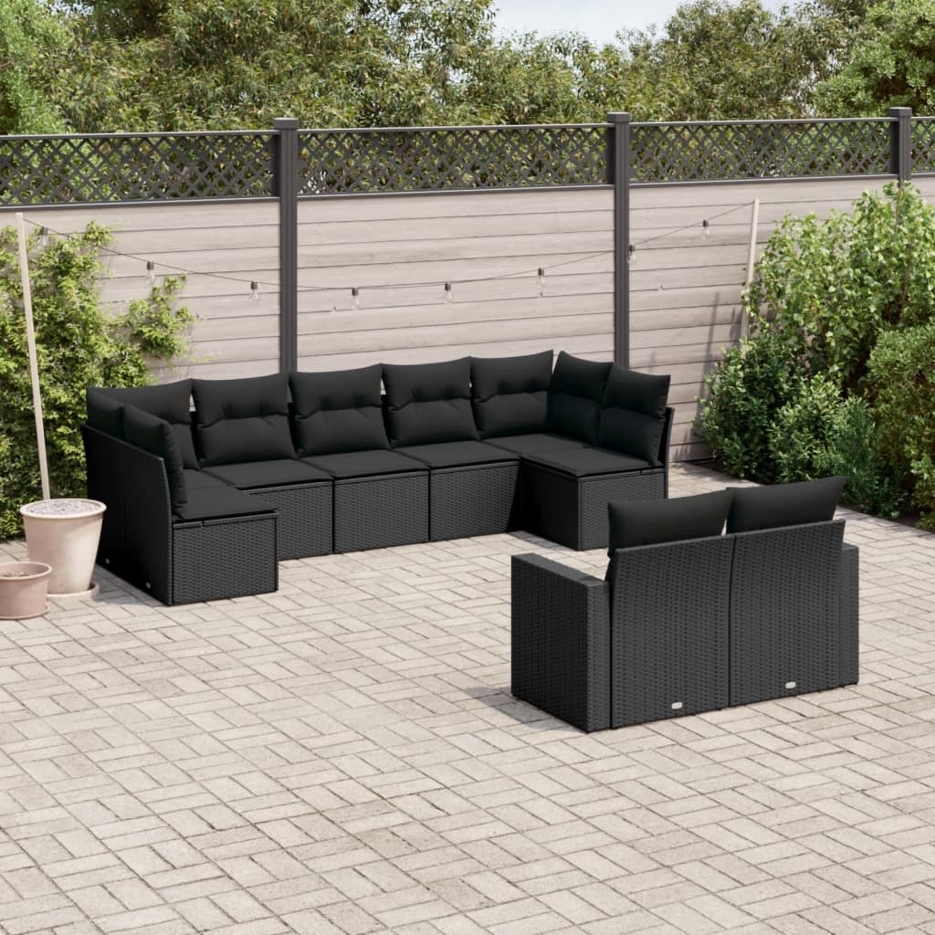 9 Pcs conjunto de sofás p/ jardim c/ almofadões vime PE preto