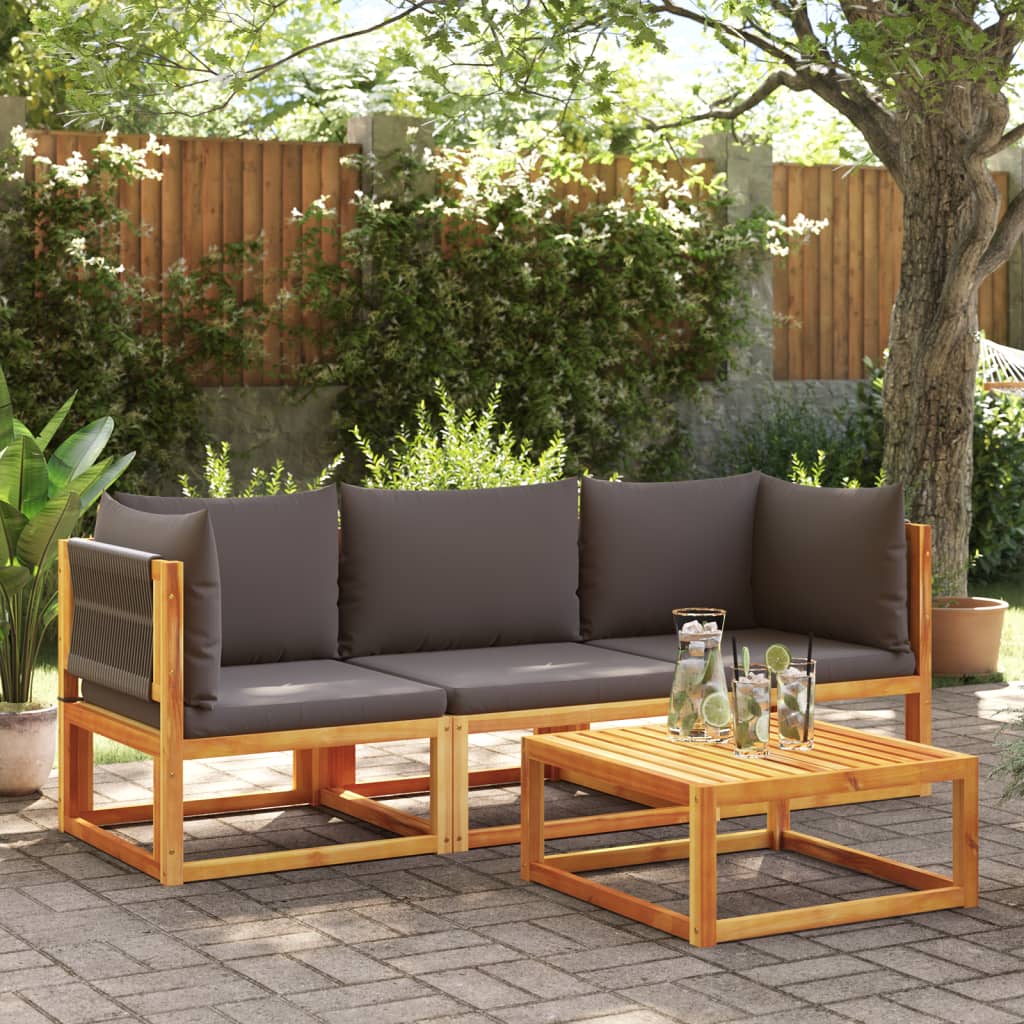 Conjunto de sofás de jardim de 3 peças com almofadas de madeira de acácia e corda