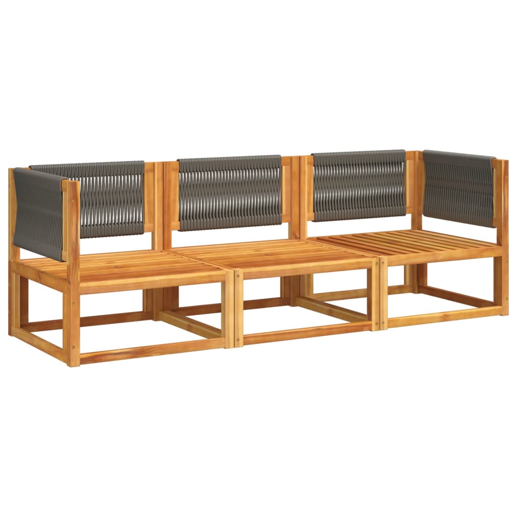 Conjunto de sofás de jardim de 3 peças com almofadas de madeira de acácia e corda