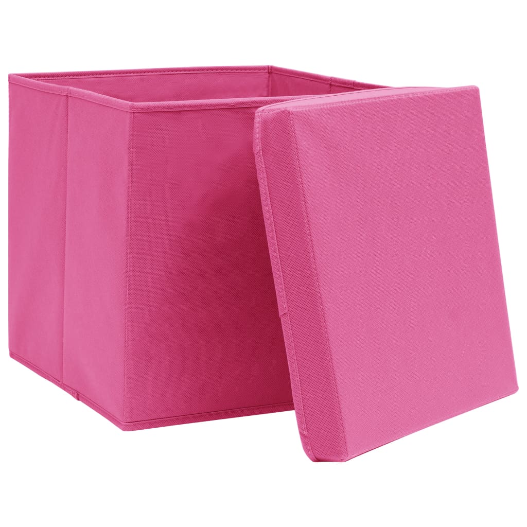 Caixas de arrumação com tampas 4 pcs 32x32x32 cm tecido rosa