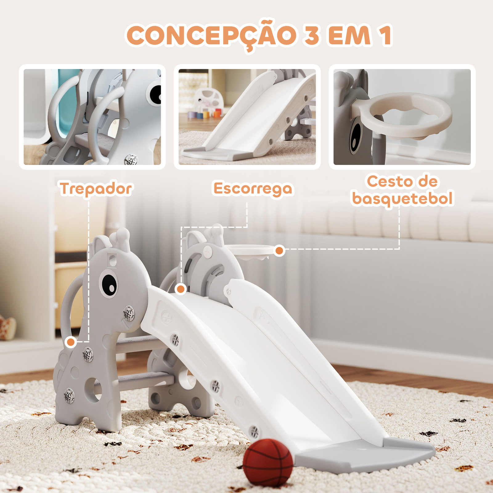Escorrega para crianças 3 em 1 com escada tabela de basquetebol e desenho de girafa 106x51,5x52 cm cinzento