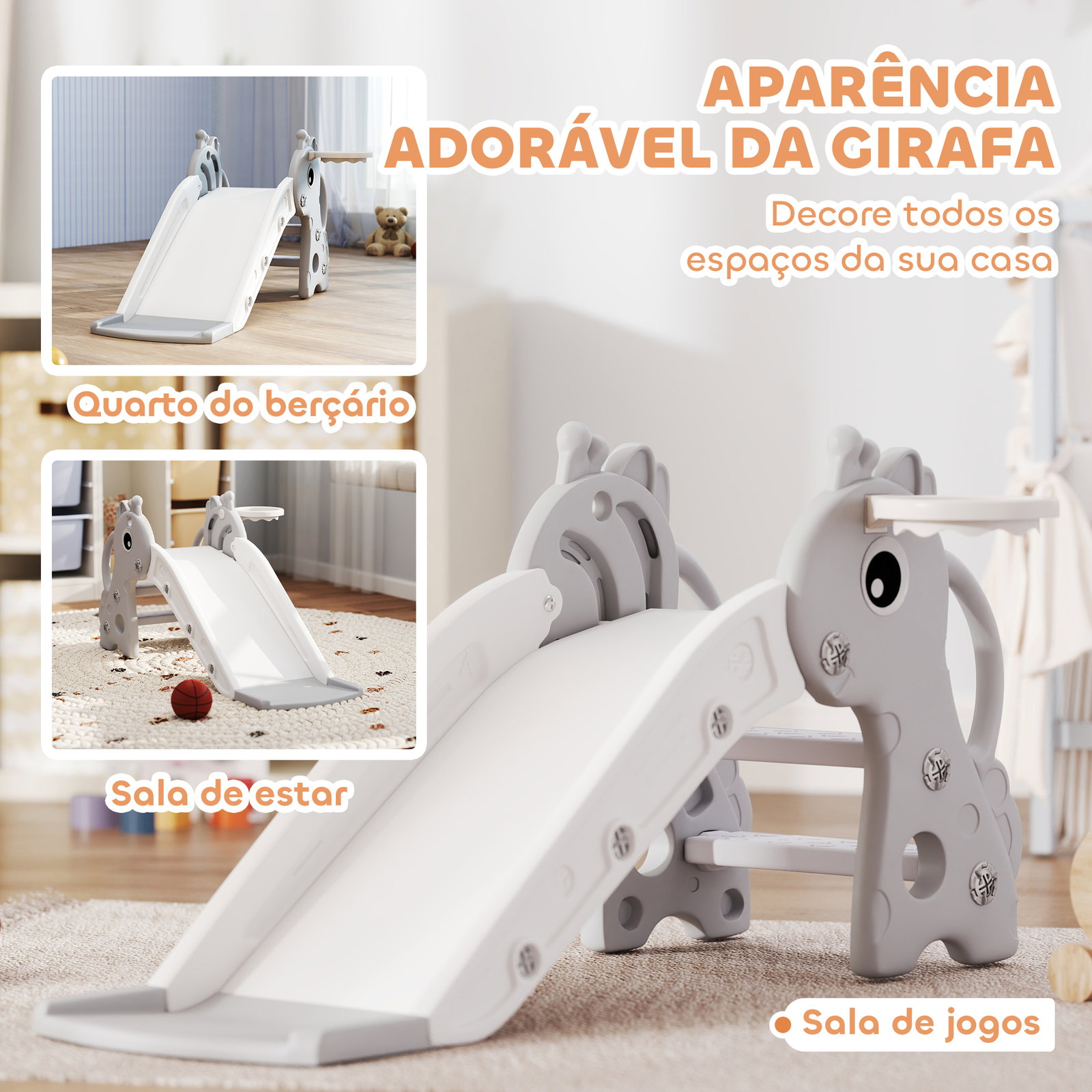 Escorrega para crianças 3 em 1 com escada tabela de basquetebol e desenho de girafa 106x51,5x52 cm cinzento