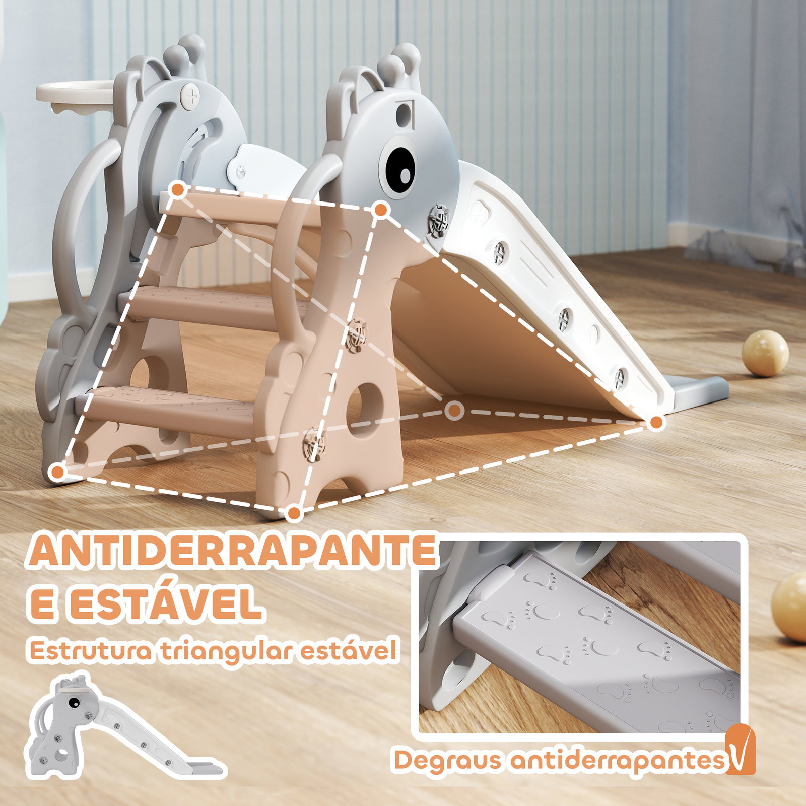 Escorrega para crianças 3 em 1 com escada tabela de basquetebol e desenho de girafa 106x51,5x52 cm cinzento